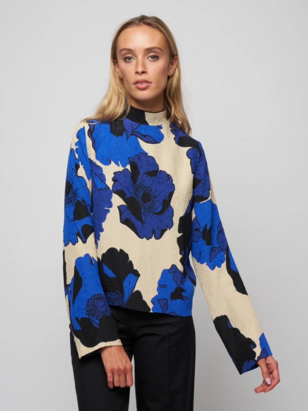 Dries Van Noten Blue Floral Mock Neck Blouse